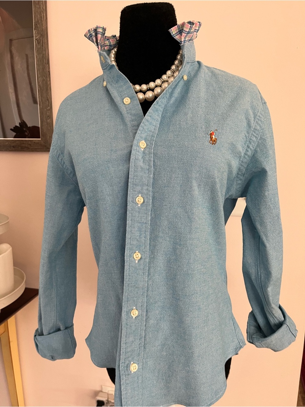 Ralph Lauren Lt. Blue Button-Down Oxford Shirt with Ruffle Collar - Picture 2 of 7